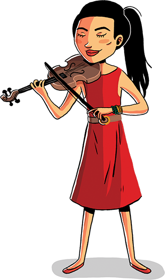 Młoda skrzypaczka w czerwonej sukience gra na instrumencie.